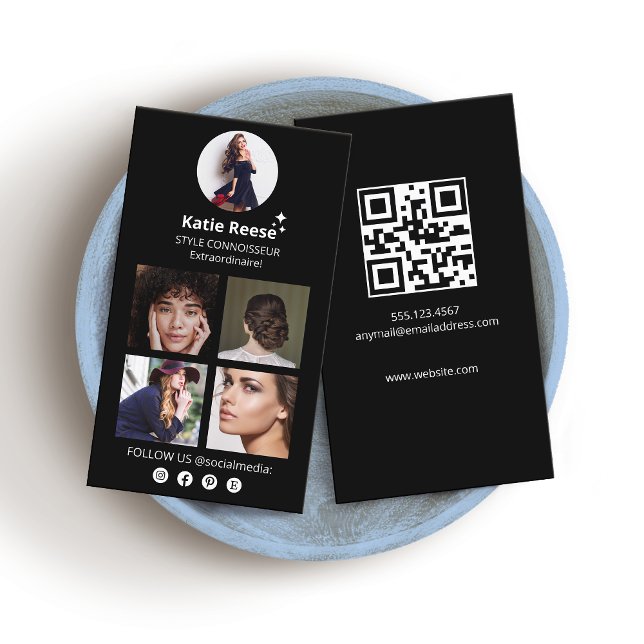 Carte De Visite Photo noire Influent sur les médias sociaux (Instagram social media networking 4 photo  business card with QR Code)