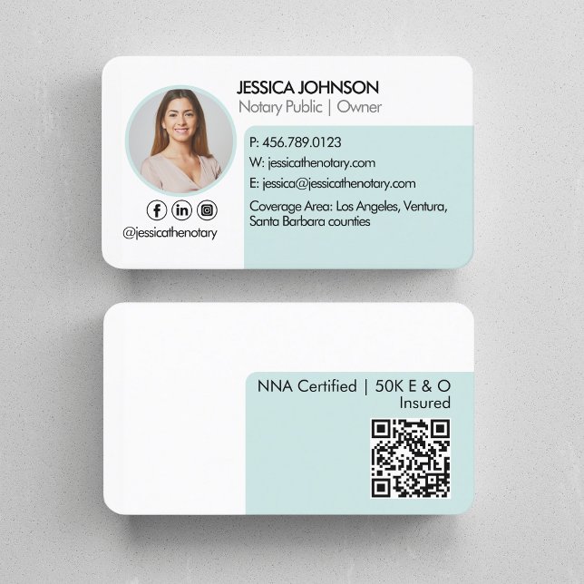Carte De Visite Photo notary Pastel Mint Green Minimum QR (Créateur téléchargé)