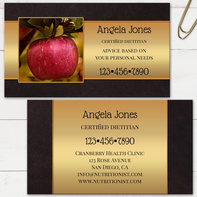 Carte De Visite Photo nutritionniste diététiste professionnelle (Business card showing your photo framed by a dark brown leather and gold printed design - dietitian)