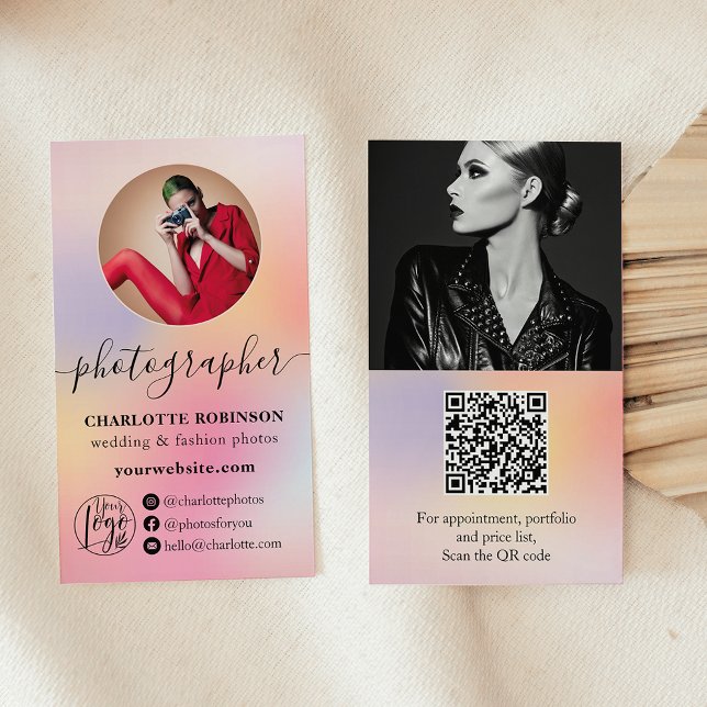 Carte De Visite Photo Ombre Holographic qr code logo photographe (Ombre Holographic photo qr code logo photographer Business Card)