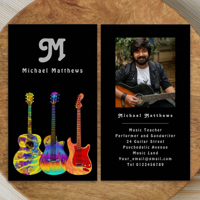 Carte de visite photo personnalisé de professeur d (Retro modern guitar music teacher professional musician photo Business card Colorful guitar art)