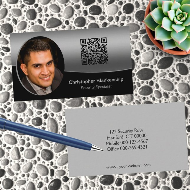 Carte De Visite Photo personnalisée en noir et gris Code QR profes (Custom photo business card template front and back)