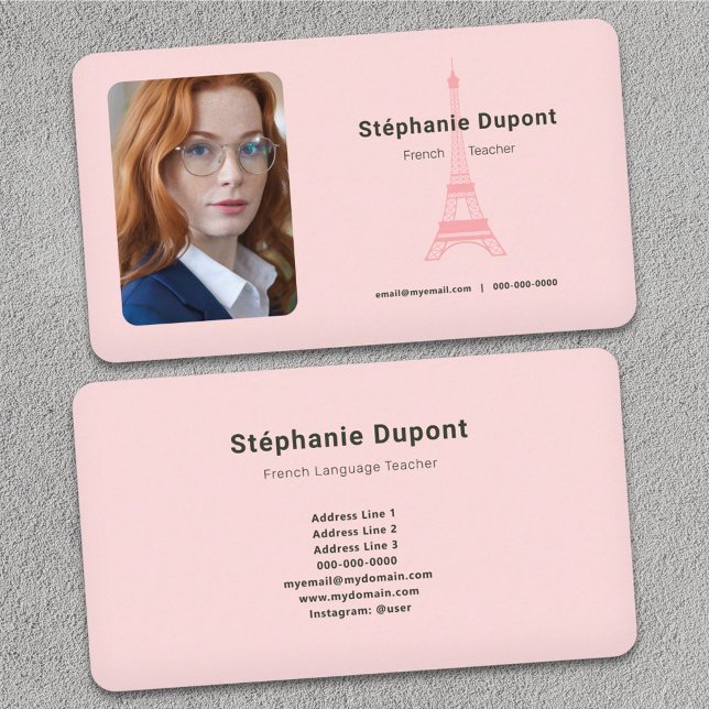 Carte De Visite Photo personnalisée - Français Pink enseignant (French Teacher Pink Business Card)