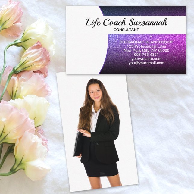Carte De Visite Photo personnalisée Purple Ombre Parties scintilla (Share your photo on the back of your business card.)