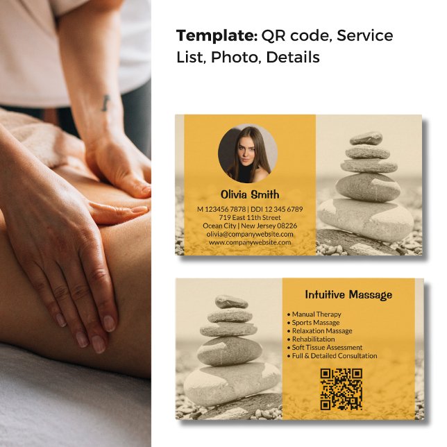 Carte de visite photo professionnel de massage jau (Professional Yellow Massage Photo Business Card with Peaceful Background Photo)