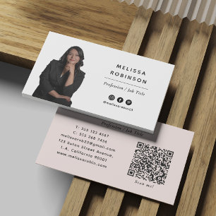 Carte De Visite Photo Professionnel Moderne et Code QR Rose Pâle