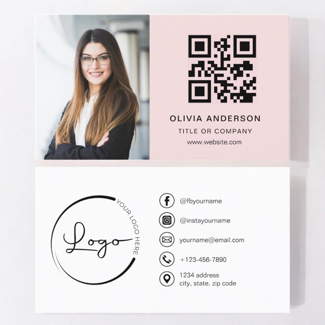 Carte De Visite Photo professionnelle Blush Pink QR Code Médias so (Créateur téléchargé)