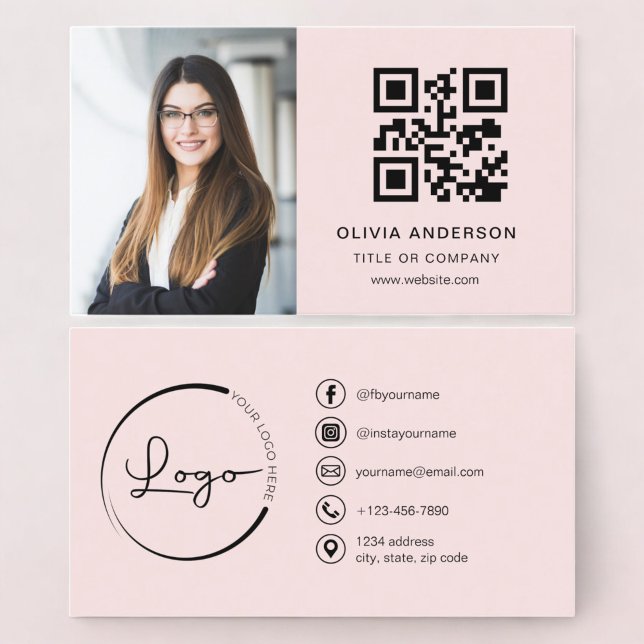 Carte De Visite Photo professionnelle Blush Pink QR Code Médias so (Créateur téléchargé)