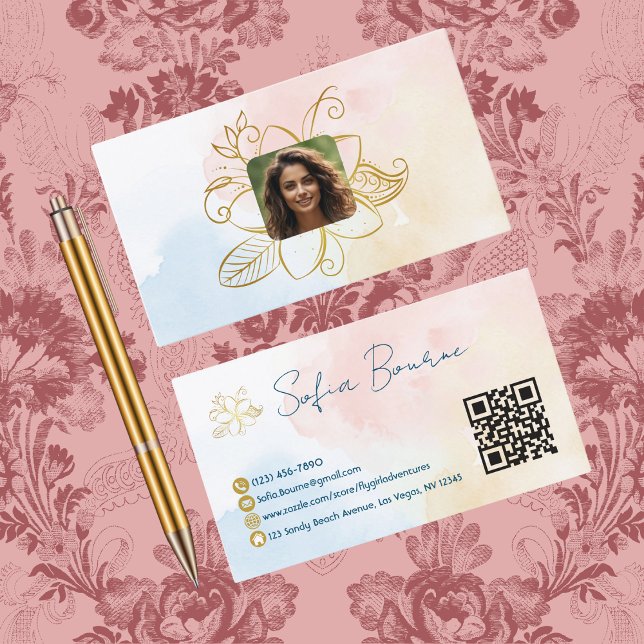 Carte De Visite Photo professionnelle, Code QR, Floral, Pastel, Pe (Créateur téléchargé)