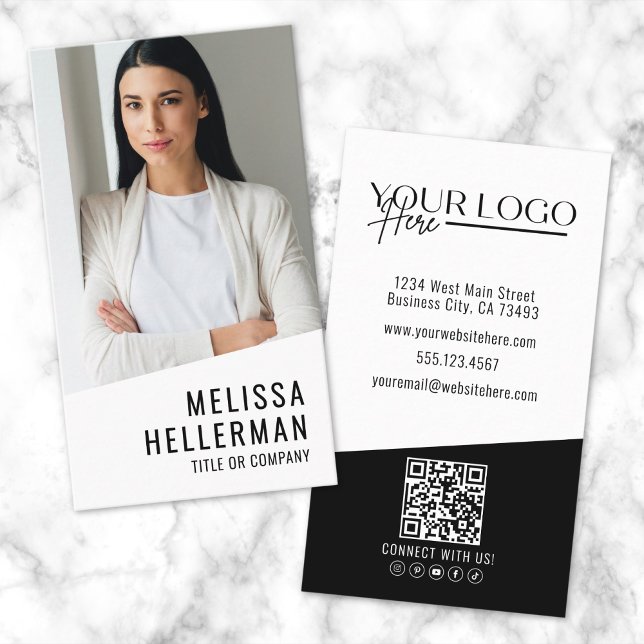 Carte De Visite Photo professionnelle Code QR Logo de l'entreprise (Professional Photo QR Code Company Logo Vertical Business Card)