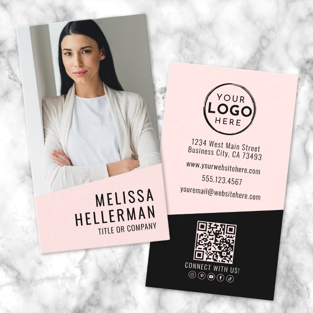 Carte De Visite Photo professionnelle Code QR Logo rose vertical (Professional Photo QR Code Logo Vertical Pink Business Card)