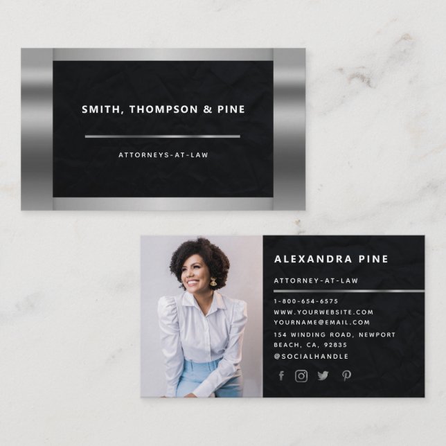 Carte De Visite Photo professionnelle de l'avocat en argent noir g (Devant / Derrière)