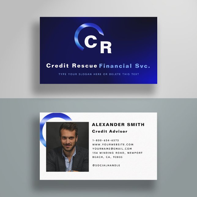 Carte De Visite Photo professionnelle de logo bleu simple et moder (finance business card financial services wealth management credit advisor modern simple classy blue)