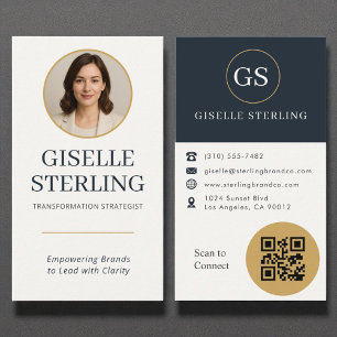 Carte De Visite Photo professionnelle Gold & Navy QR Code Moderne