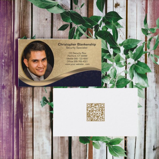 Carte De Visite Photo professionnelle noir et beige Code QR (Easy to personalize QR code & custom photo double sided design business card for any business. )