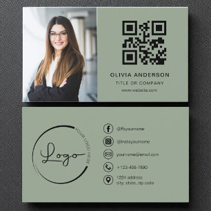 Carte De Visite Photo professionnelle Sage vert QR Code Médias soc