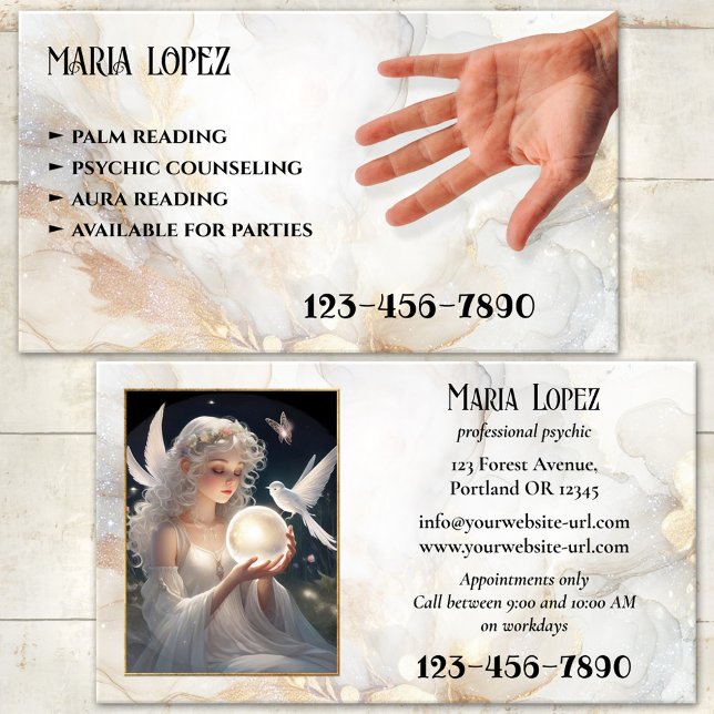 Carte De Visite Photo Psychique Palm ou Aura Reader (Business card featuring a dreamy ivory artistic design with a hand palm - palm reader - psychic)