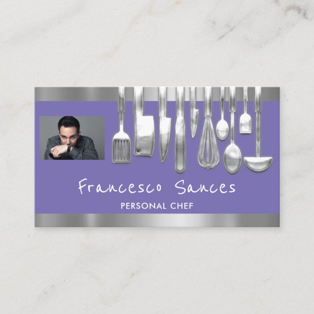 Carte De Visite Photo QR Code Chef personnel Cuisine violet (Devant)