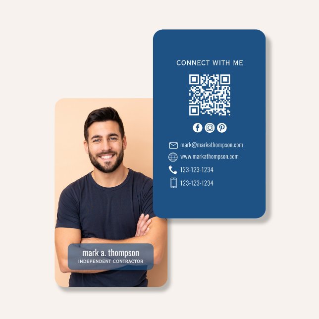 Carte De Visite Photo QR Code Connect With Me Blue Modern (Blue QR code contact card with photo and clean corporate style design)