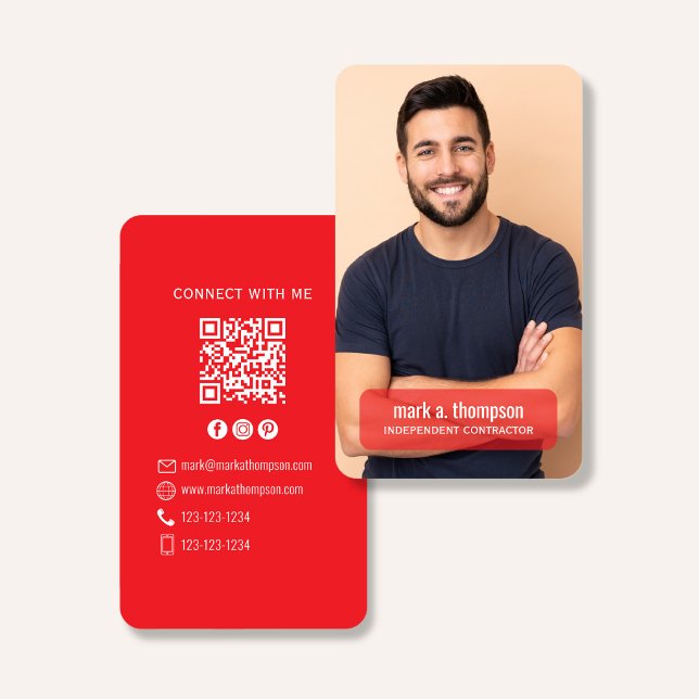 Carte De Visite Photo QR Code Connect With Me Red Modern (Bold red QR code contact design with photo and clean modern professional layout)