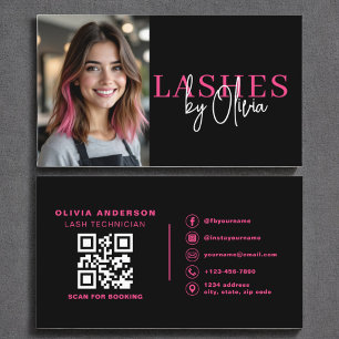 Carte De Visite Photo QR Code Lashes Technicien Hot Pink Noir