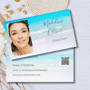 Carte De Visite Photo QR Code Ocean Beach Sea Travel Blue