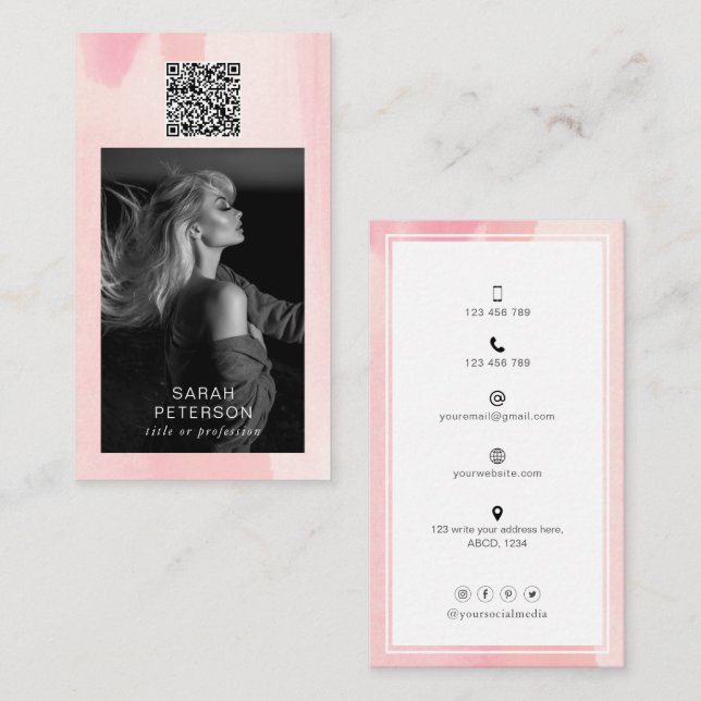 Carte De Visite Photo QR code tendance abstraite aquarelle personn (Devant / Derrière)