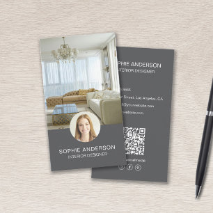 Carte De Visite Photo QR Social Media Gris Concepteur intérieur