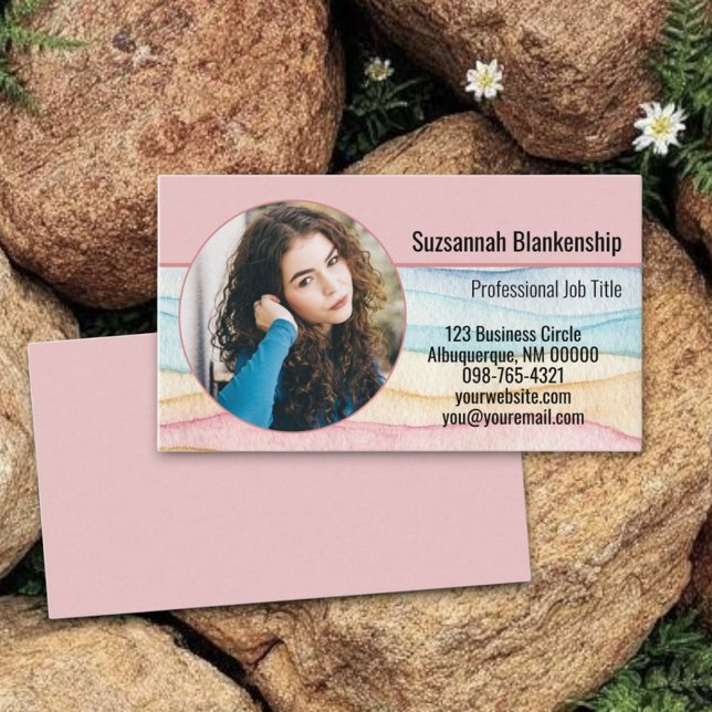 Carte De Visite Photo ronde personnalisée marketing d'entreprise c (watercolor front custom photo business card template with matching back color)