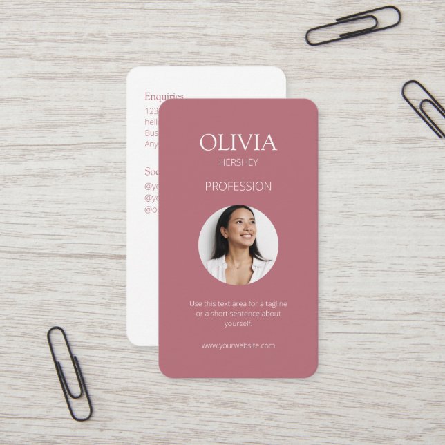 Carte De Visite Photo rose blanc / Dusty Code QR social (Devant/Arrière en situation)