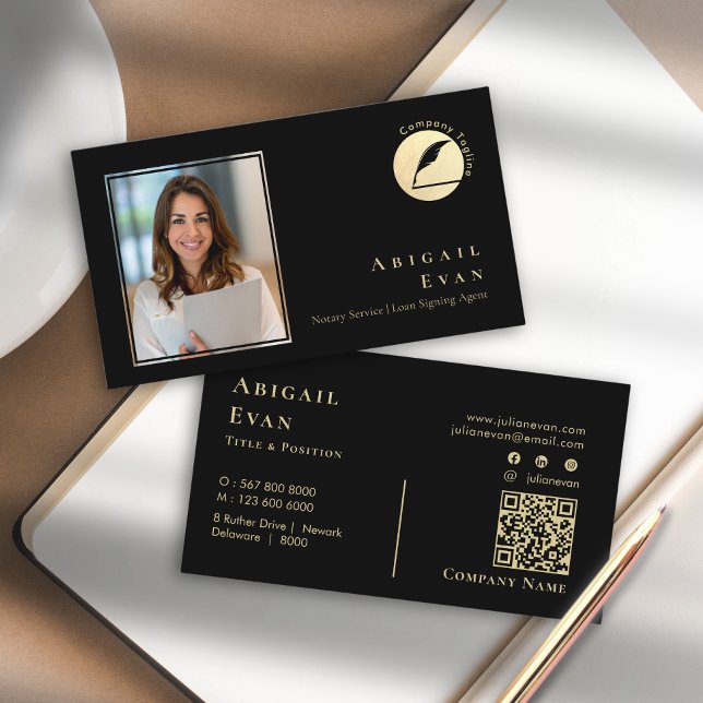 Carte De Visite Photo simple Black & Gold Feather Service (Simple Black & Gold Feather Notary Service Photo Business Card)