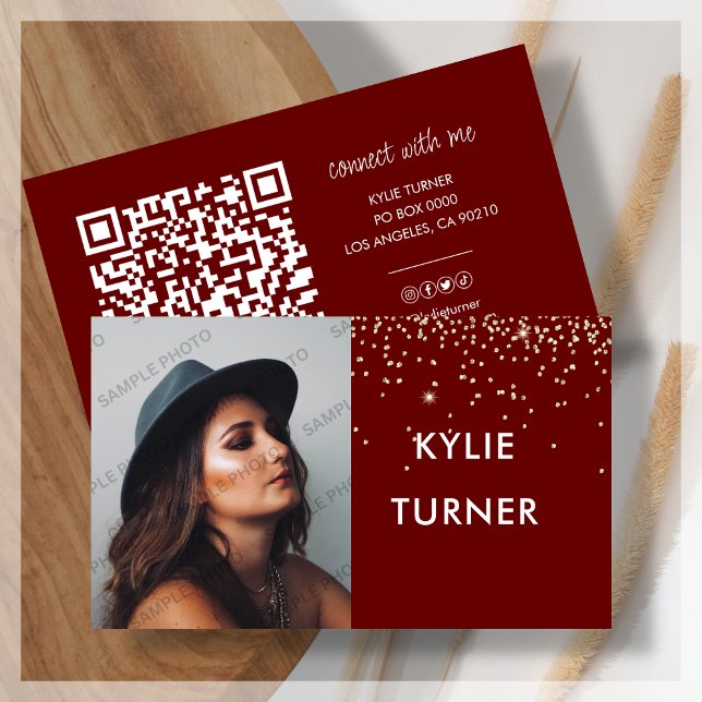 Carte De Visite Photo Social Media Red Gold Parties scintillant QR (Créateur téléchargé)