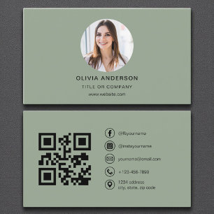 Carte De Visite Photo verte Sage avec code QR Médias sociaux