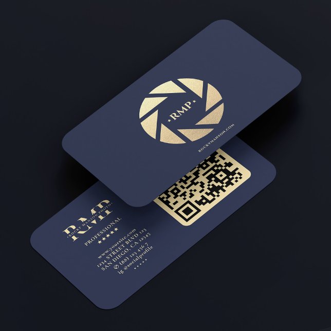 Carte De Visite Photographe bleu foncé de la Marine (Gold Camera Lens Dark Navy Blue Photographer Business Card
)