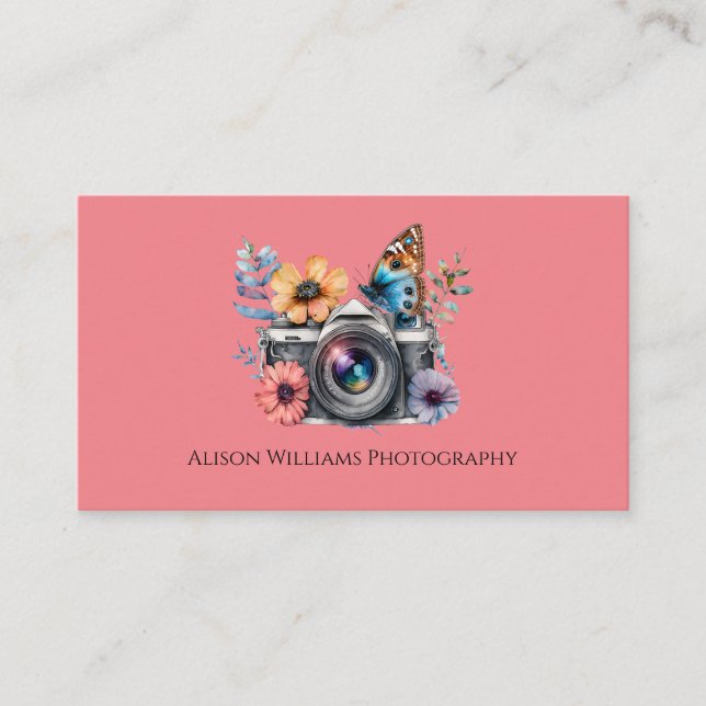 Carte De Visite Photographe Caméra Florale Aquarelle rose (Devant)