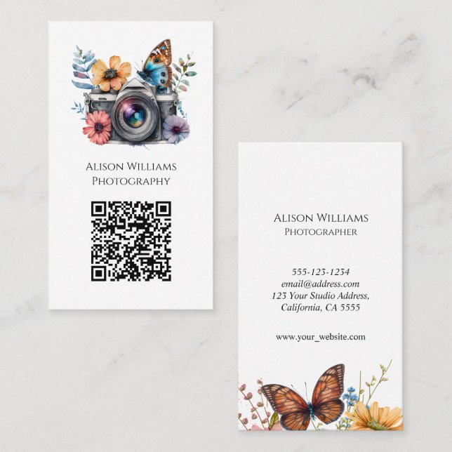 Carte De Visite Photographe Caméra papillon floral aquarelle QR (Devant / Derrière)
