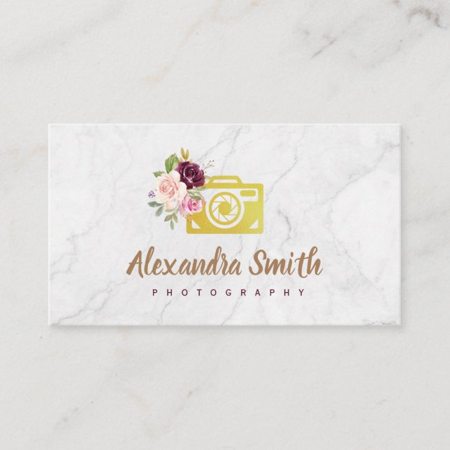Carte De Visite photographe du logo floral de l'aquarelle de marbr (Devant)