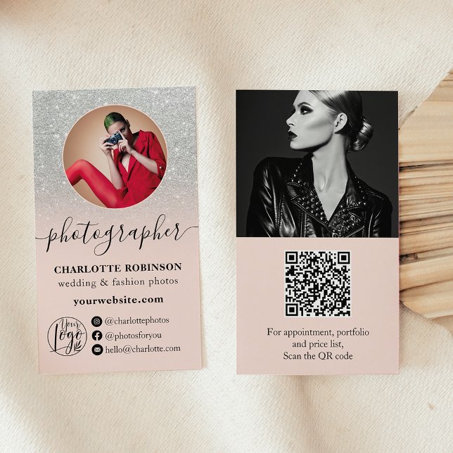 Carte De Visite Photographe du logo qr parties scintillant rose ar (Silver glitter pink photo qr logo photographer business card)