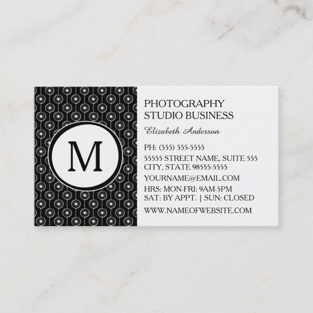 Carte De Visite Photographe élégant Black White Hearts Monogramme (Devant)