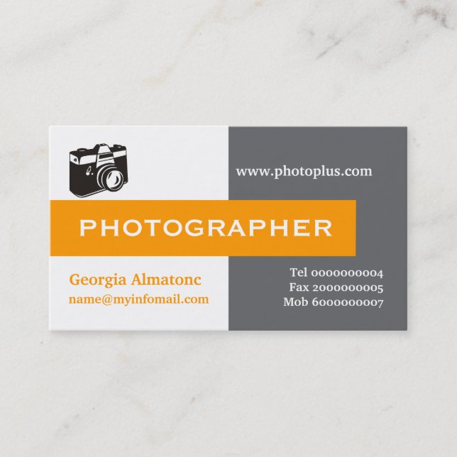 Carte De Visite Photographe gris, blanc, orange accrocheur aux yeu (Devant)