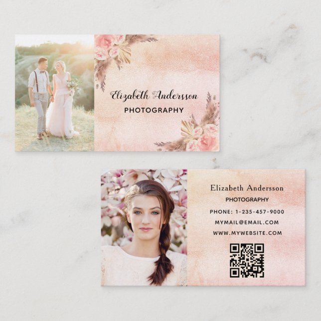 Carte De Visite Photographe mariage pampas herbe code QR (Devant / Derrière)