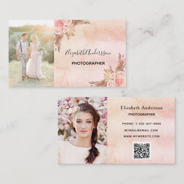 Carte De Visite Photographe mariage pampas herbe code QR (Devant / Derrière)