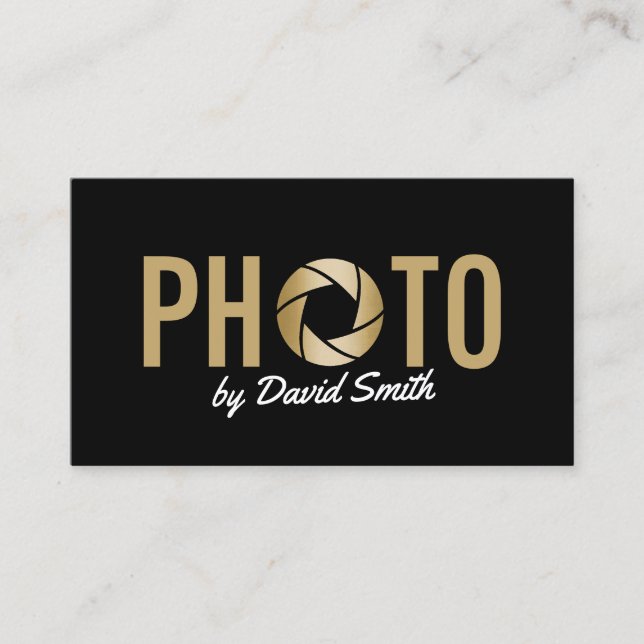 Carte De Visite Photographe moderne de logo d'appareil-photo d'or (Devant)