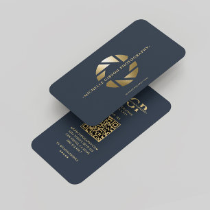 Carte De Visite Photographe Monogram Blue Gold Lens Moderne