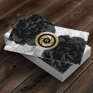 Carte De Visite Photographe Monogram Gold Shutter Black Floral
