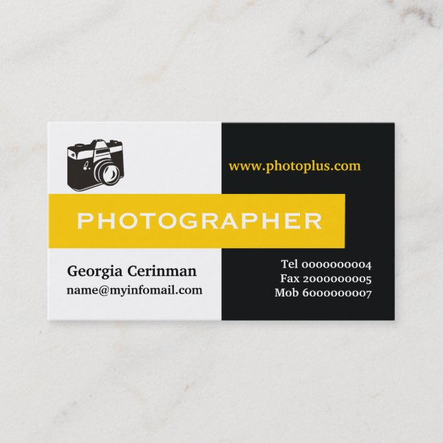 Carte De Visite Photographe noir, blanc, jaune attirant l'oeil (Devant)