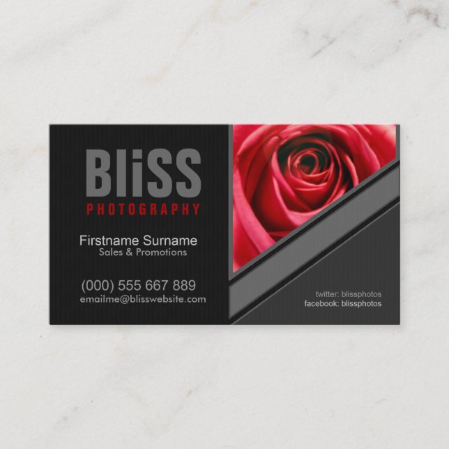 Carte De Visite Photographe noir+gris rouge avec Modèle photo (Devant)
