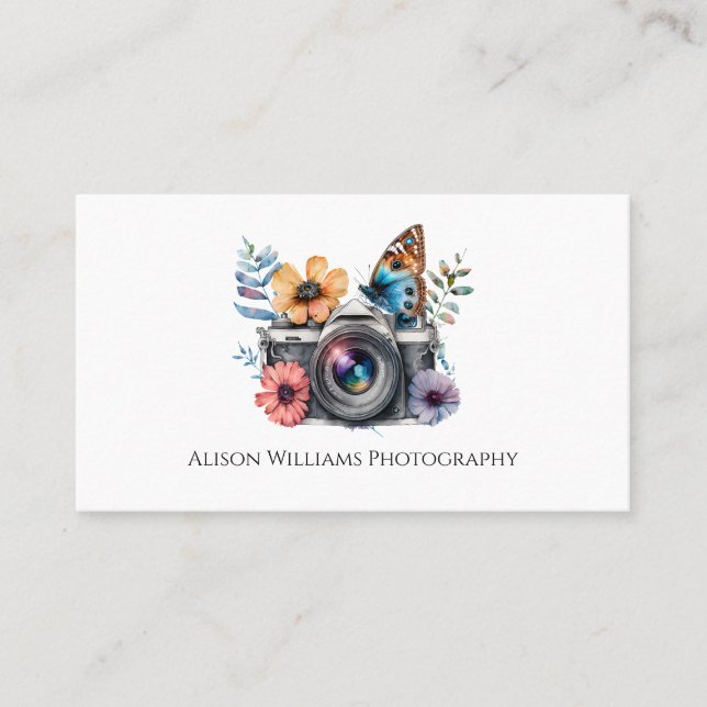 Carte De Visite Photographe Photographe Caméra Florale Aquarelle (Devant)