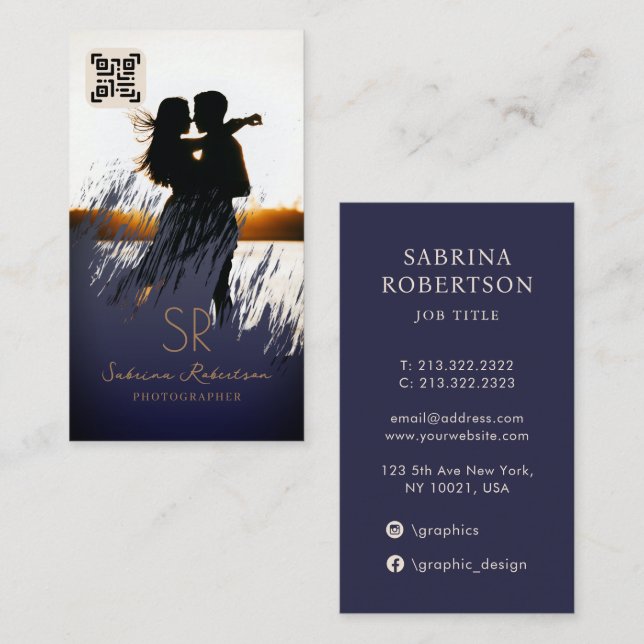 Carte De Visite Photographe professionnel Marine bleu et or QR (Devant / Derrière)