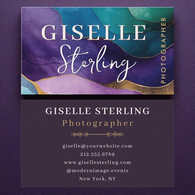 Carte De Visite Photographe Purple Gold Aquarelle moderne (Créateur téléchargé)